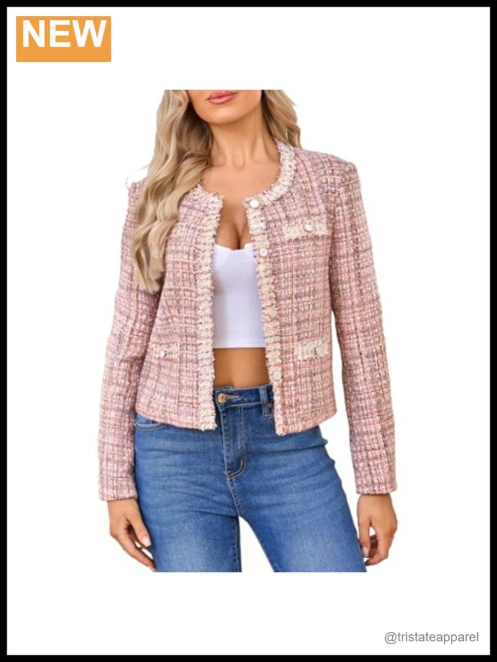 Cropped Tweed Blazer Long Sleeve Crewneck Open Front Business Jacket
